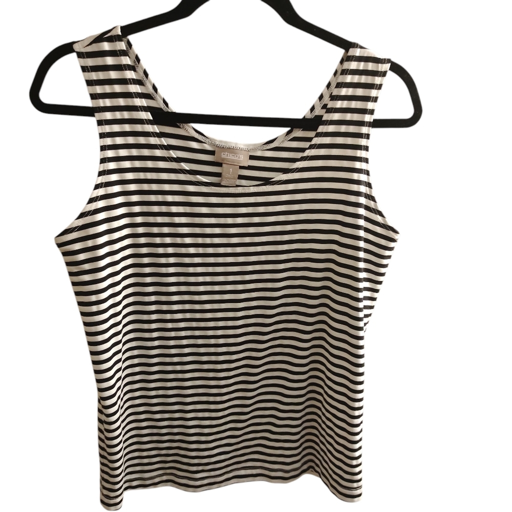 Chicos Black and White Striped Tank Top, Size 1